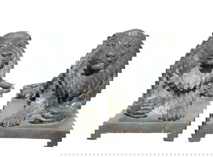 Recumbent Lion Garden Sculptures: Cast white metal sculptures of resting lions attached to plinth bases with straight feet. Pair. 24"h x 17"w x 40"d
