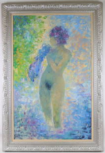 Bernard Taurelle (Born 1931): Oil on canvas, SLL and titled "Sorti de Bain". 45.5"h x 29"w and 54"h x 37"w framed