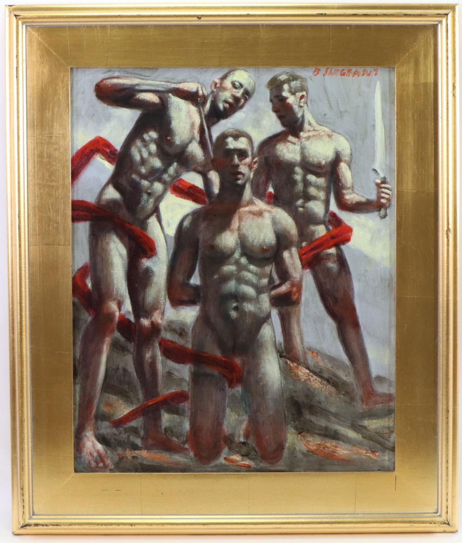 Mark Beard (Born 1956) aka Bruce Sargeant: Oil on canvas, "Mysterious Ceremony", SUR. Trio of nude men. 20"h x 16"w and 26"h x 22"w framed