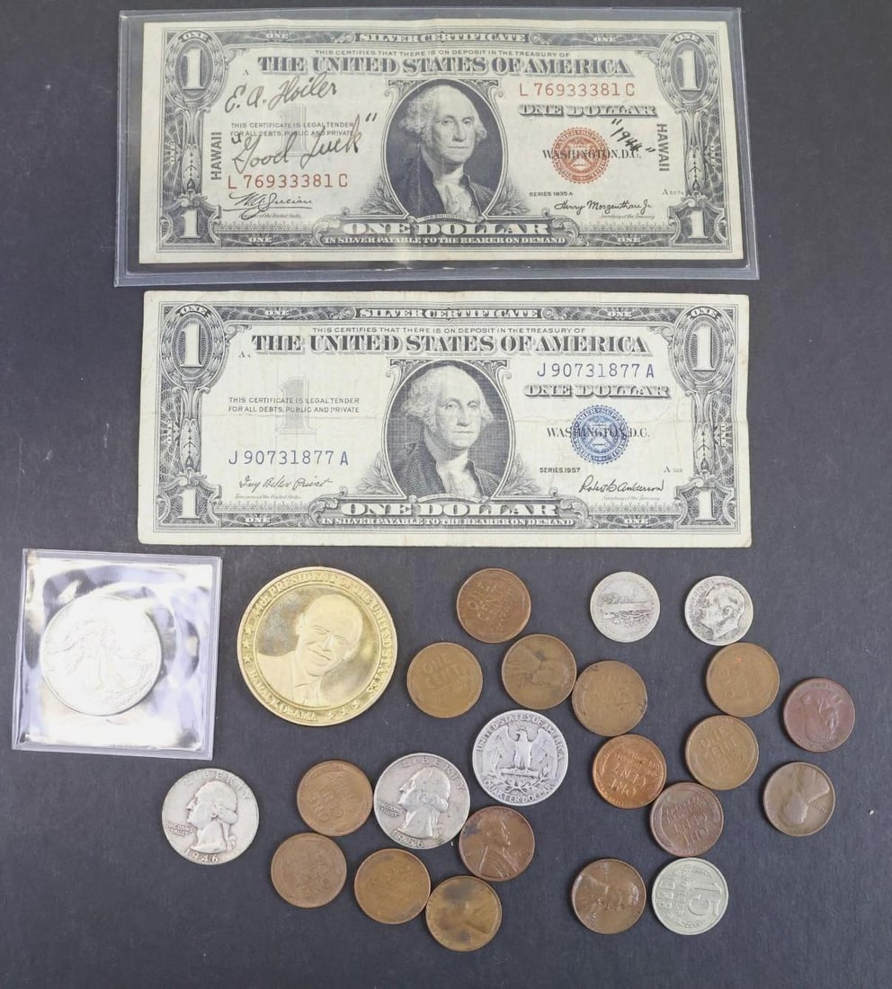 U. S. MIXED: Lincoln Wheat cents (16), $1.45 in 90% silver, $1.00 1935 A Hawaii Silver certificate, $1.00 1957 Silver certificate, medal, foreign (2)