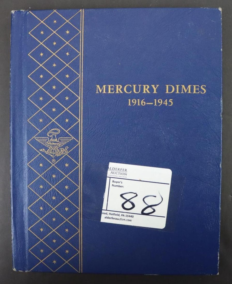 MERCURY DIMES: 1916 to 1945, coin folder, complete minus 1916-D, 1942 over 41, 75 coins