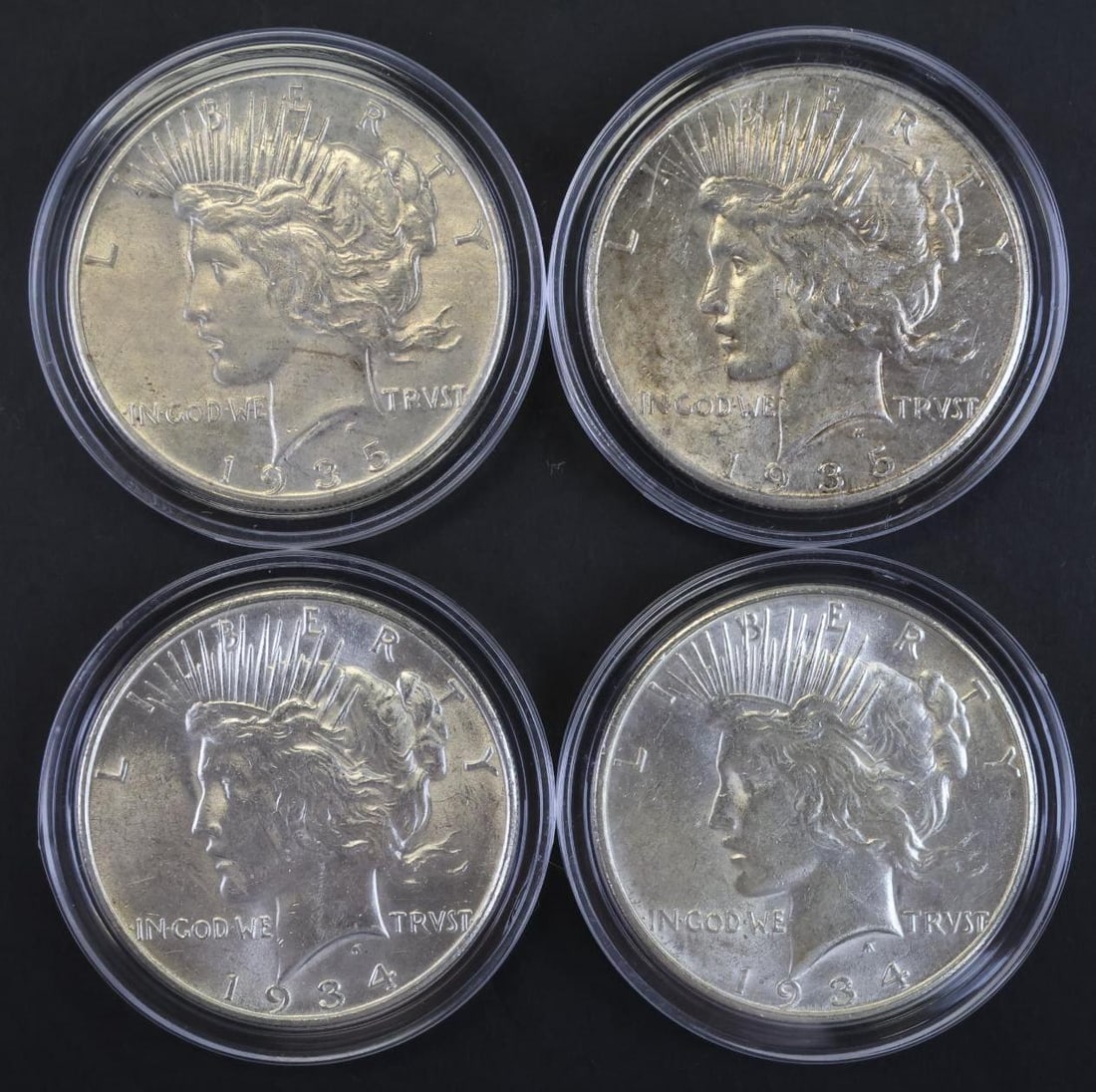 PEACE DOLLARS: 1934-D (2), 1935 (2), BU, 4 coins