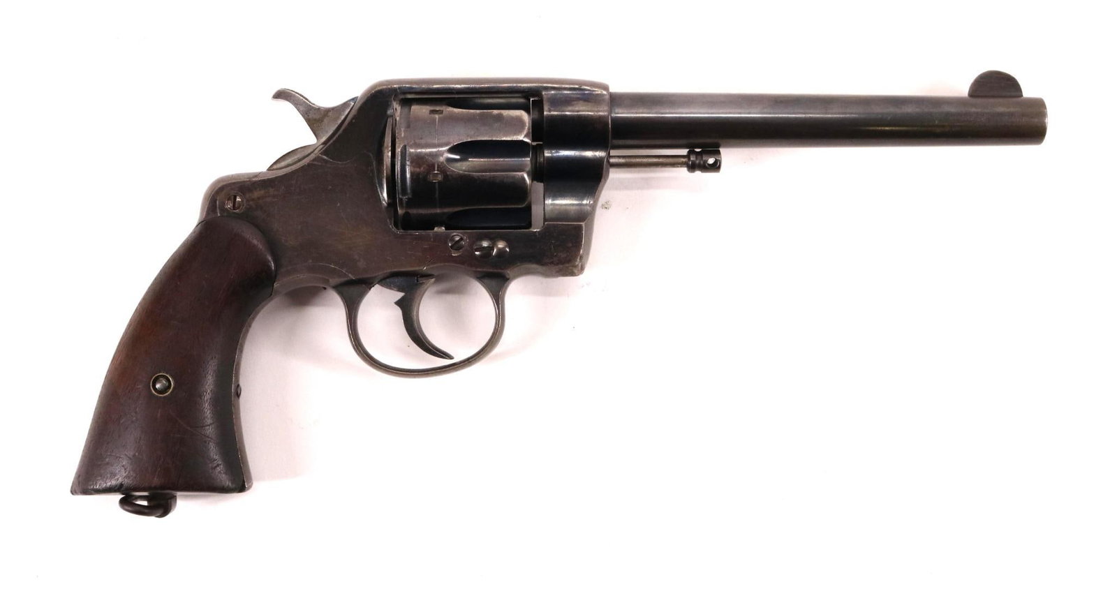Colt US Army Model 1901 Double Action Revolver: 38, 6" bbl, SN 152528. 90% blue finish shows general thinning with average cylinder drag line and light scratches, good bore, hammer and trigger still retain most of the fire blue finish, left side re