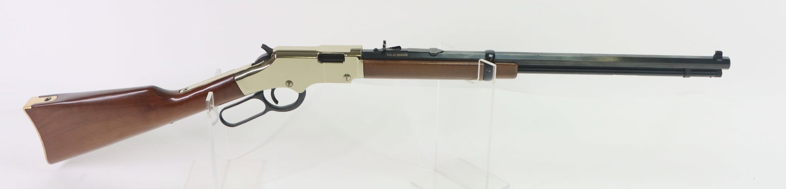 Henry H004M Golden Boy Lever Action Rifle: 22WMR, 20 1/2" octagon bbl, SN GB044330M. 98% blue finish on barrel shows a 2" area on left side just forward of forearm with very small nicks on barrel edges, good bore, brass plated receiver shows v