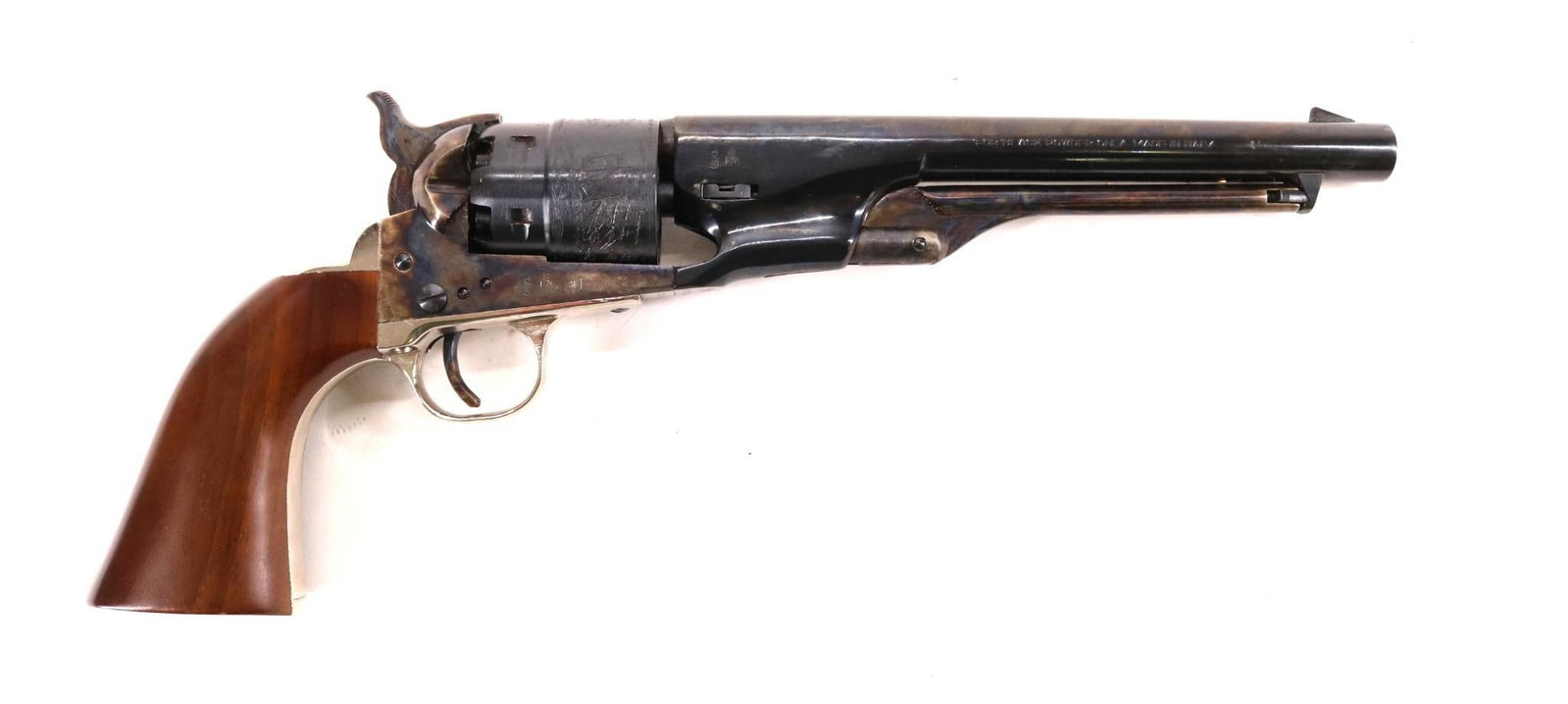 Lyman/Pietta 1860 Army Percussion Revolver: 44, 7 3/4" bbl, SN 27725. 100% blue finish on round bbl and engraved cylinder, good bore, cocks and advances as it should, case color on frame and loading lever, nickel finish on trigger guard and gri