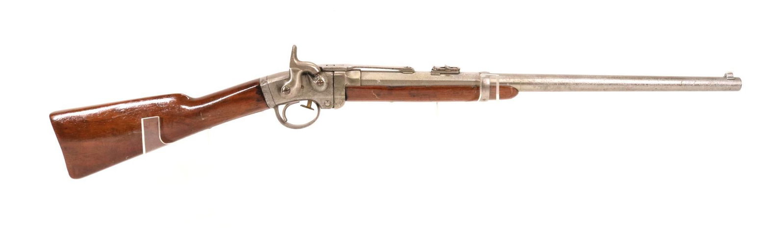 Poultney & Trimble Smith Percussion Carbine Non Firing Prop Gun: 52, 21 1/2" bbl, SN 13642. Silver/gray color with areas of pitting, very poor deeply pitted bore, left side of receiver shows only partial markings on front section, side plate marked in 3 lines ADDRE