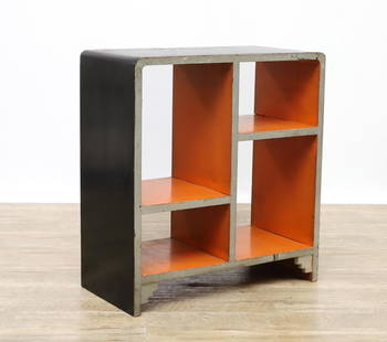 Art Deco Bookcase: Manner of Paul Frankl, an orange, black, and white painted wooden bookcase with open back and asymmetrical shelves. 24.75"h x 22.75"w x 11.25"d