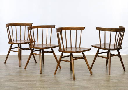 Manner of George Nakashima for Knoll Straight Chairs: Modern Windsors, elm and cherry with curved spindle backs, shaped plank seat, and splayed legs with box stretchers. (4) chairs total. 29"h x 22.5"w x 20"d, seat height 17.5"