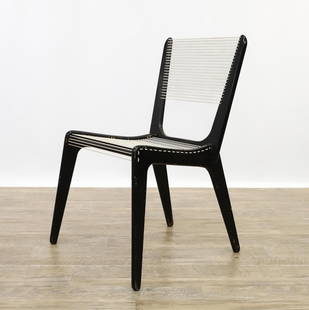 Jacques Guillon Cord Chair: Black lacquered plywood frame with cord seat and back, unmarked. Areas of loss to the lacquer. 33"h x 23.5"w x 22.5"d, seat height 18"