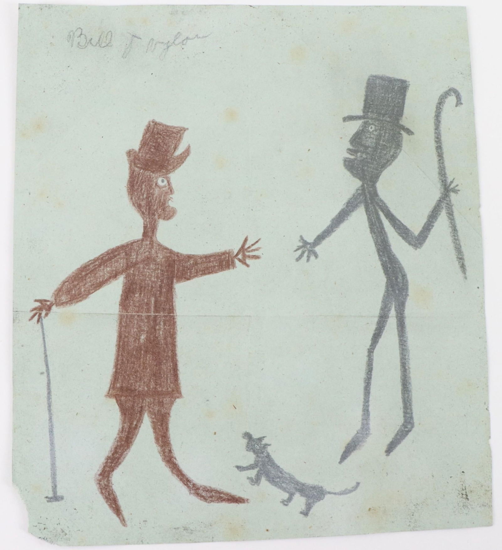 Attributed to Bill Traylor (1854 - 1947): Crayon on paper with marbled back, SUL. Two men greeting, small dog at their feet. Condition: soiling and discoloration, paper loss proper left corner, fold creases. 8.5"h x 7.5" overall