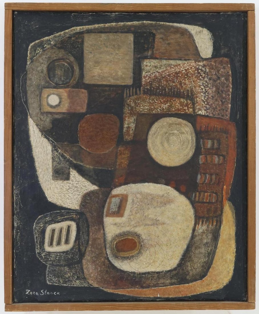 Zora Staack (1910 - 2001): Oil on canvas, SLL. Geometric abstract. 16"h x 13"w and 17"h x 14"w framed