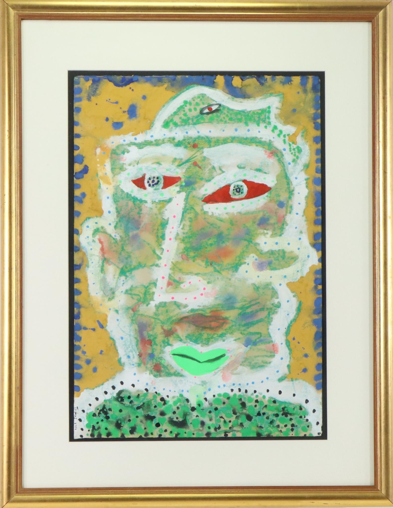 Philip Tsiaras (1952-): Oilstick, temper and gouache, "Untitled", SDLL 1984. Surreal portrait of a head. 22"h x 15"w and 31"h x 24"w framed