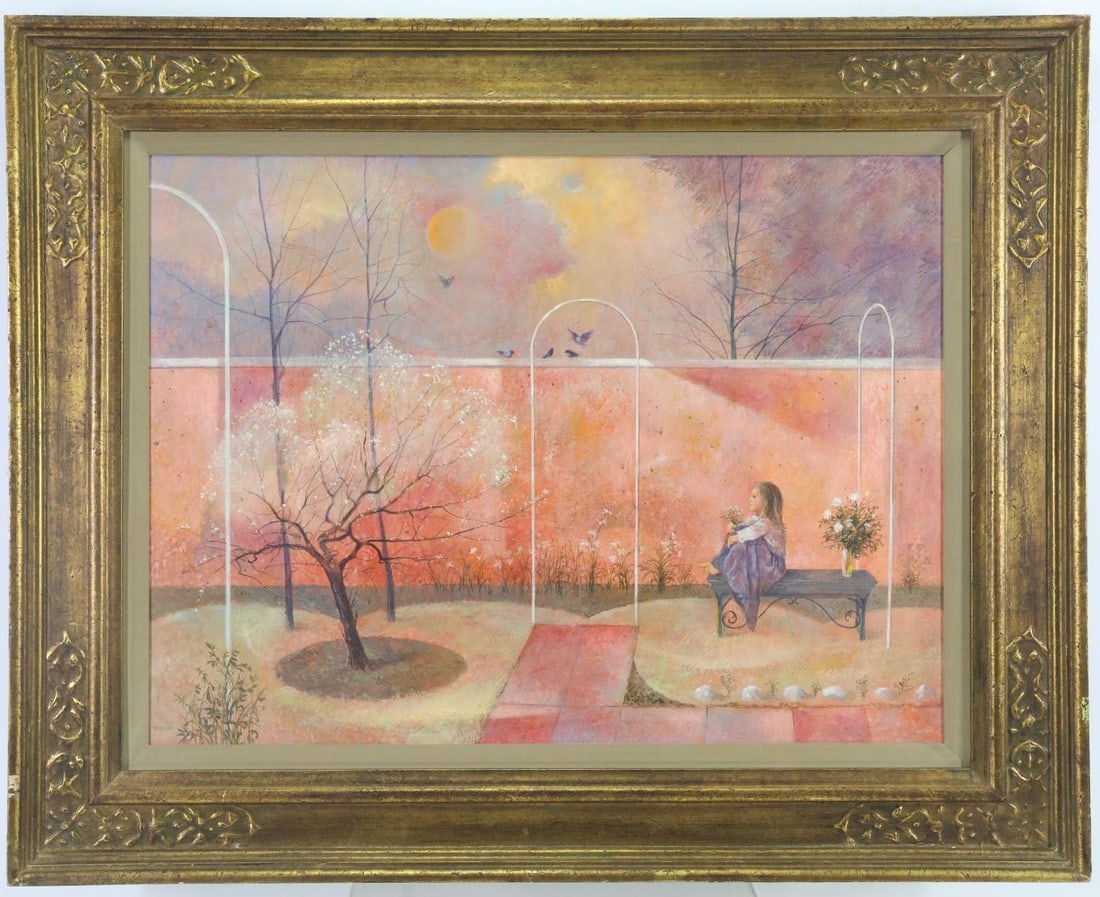 Don W. Lord (Born 1929): Oil on board, "Spring Garden", SLL. Pensive young girl sitting in a garden. 18"h x 24"w and 24.75"h x 30.75"w framed