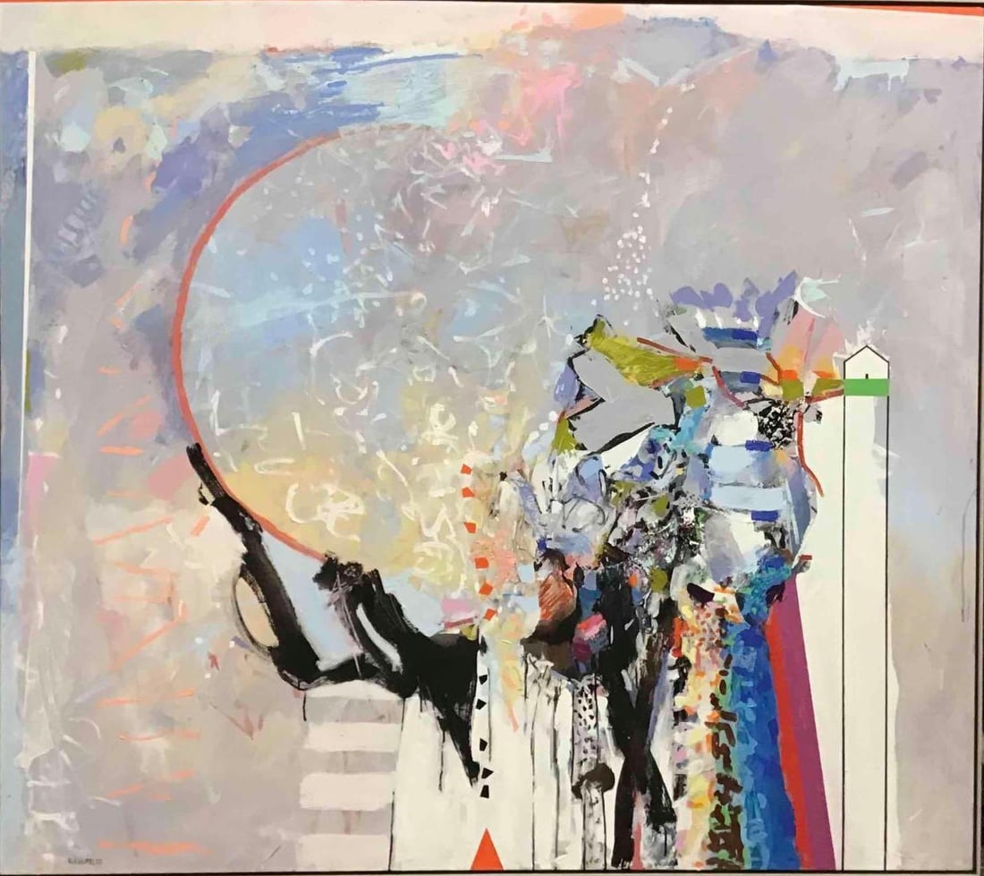 Robert John Kaupelis (Born 1928): Oil on canvas, "Orange Fulcrum", SLL and titled and dated en verso 1987. Abstract composition.64"h x 72"w overall