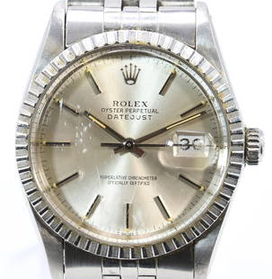 Rolex Oyster Perpetual Datejust: Rolex Oyster Perpetual Datejust wristwatch in stainless steel with 555 jubilee band. Circa 1985, engraved en verso. Bezel is 36mm wide. Runs but we cannot guarantee good working order.