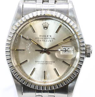 Rolex Oyster Perpetual Datejust: Rolex Oyster Perpetual Datejust wristwatch in stainless steel with 555 jubilee band. Circa 1985, engraved en verso. Bezel is 36mm wide. Runs but we cannot guarantee good working order.