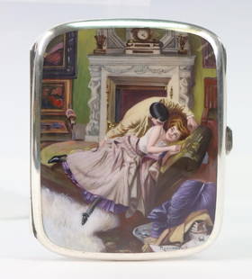 Ferdinand von Reznicek (1868 - 1909) Enameled 935 Silver Cigarette Case: German sterling (935) silver cigarette case with gold washed interior, the front with enamel decoration depicting Reznicek's illustration "Rendezvous". SLR, also marked "UW", and with silver marks to