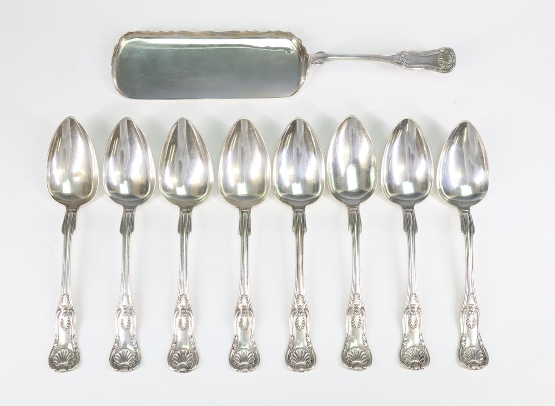 Bailey American Coin Silver Flatware: American coin silver King's pattern flatware, including a set of (8) tablespoons by Bailey and Kitchen, also with Taylor and Lawrie pseudomarks, circa 1830's - 1840's, and a crumber by Bailey and Co.,