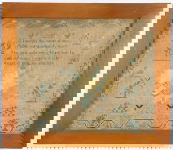 Verse Sampler, 1834: Strawberry vine border, center with floral and verse and scattered motifs of animals, baskets and flowers. Signed dated at bottom "Sarah Ann Kirk 1934". 19.25"h x 22.25"w overall