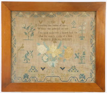 Verse Sampler, 1834: Strawberry vine border, center with floral and verse and scattered motifs of animals, baskets and flowers. Signed dated at bottom "Sarah Ann Kirk 1934". 19.25"h x 22.25"w overall