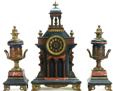 Etienne Maxant Mantel Clock and Garniture: French Egyptian Revival mantel clock and garniture set, late 19th - early 20th C., slate with etched gilt border decoration, variegated red marble, and bronze, on stylized monopodia feet. The