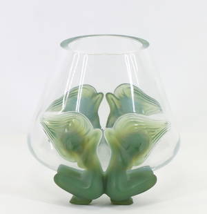 Lalique "Antinea" Vase: Lalique "Antinea" vase designed by Marie Claude-Lalique, circa 1970's. Tapered crystal vase supported on applied art nouveau figures in jade green. Height 8 inches. Script signature. 8"h x 10.5"w