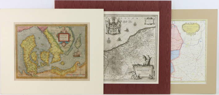 Collection of Early Maps-European: Collection of early European maps including; 1.) Map titled "Huntingdonshire" (England) by Robert Morden, circa 1695. . Matted sheet measures 14'5" x 16.5" (sight) and is housed in matt measuring 19.5