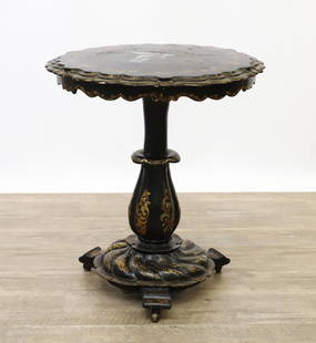 Aesthetic Movement Tea Table: Black lacquered with mother-of-pearl inlay and gold accents, chamfered scalloped top and frieze, bulbous pedestal, circular curved base with three legs on casters. 19th c. 28"h x 24"round