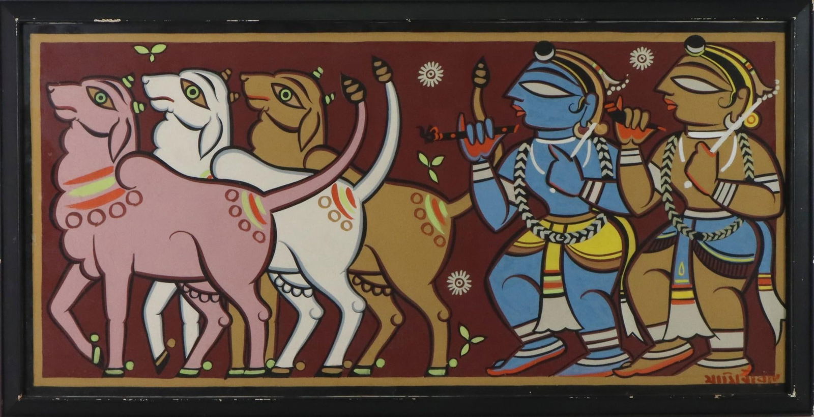 Jamini Roy (1887 - 1972): Gouache, SLR. Krishna, Balarama and three cows. 17.5"h x 33.5"w overall