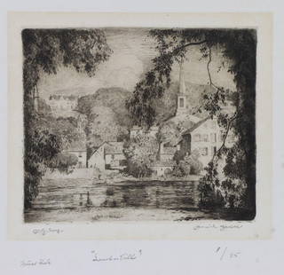 Daniel Garber (1880 - 1958): Etching, "Lambertville", pencil signed and numbered 1/25. 8"h x 10.75"w