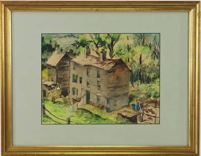 Henry Martin Gasser (1909 - 1981): Watercolor, "Lambertville Houses", SLL. Landscape overlooking the homes and surrounding area. 8.25"h x 11"w and 15"h x 19"w framed