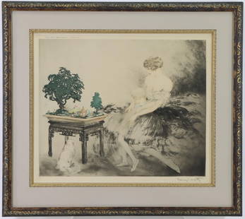 Louis Icart (1888 - 1950): Drypoint etching, "Le Jardin Japonais", SLR. Art deco scene of a young girl and woman with a Japanese diorama. 15"h x 18"w and 22"h x 25"w framed