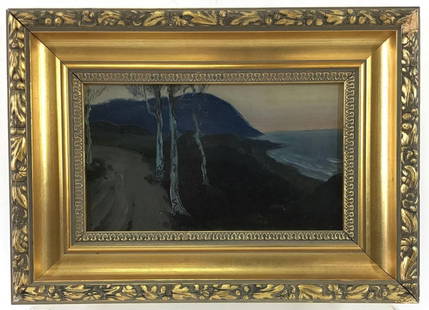 Bror Julius Olsson Nordfeldt (1878 - 1955): Oil on board, signed, inscribed, and dated en verso 1902, and titled "A Road Along Coast at Dusk". 5"h x 8.5"w, and 9"h x 12.5"w framed