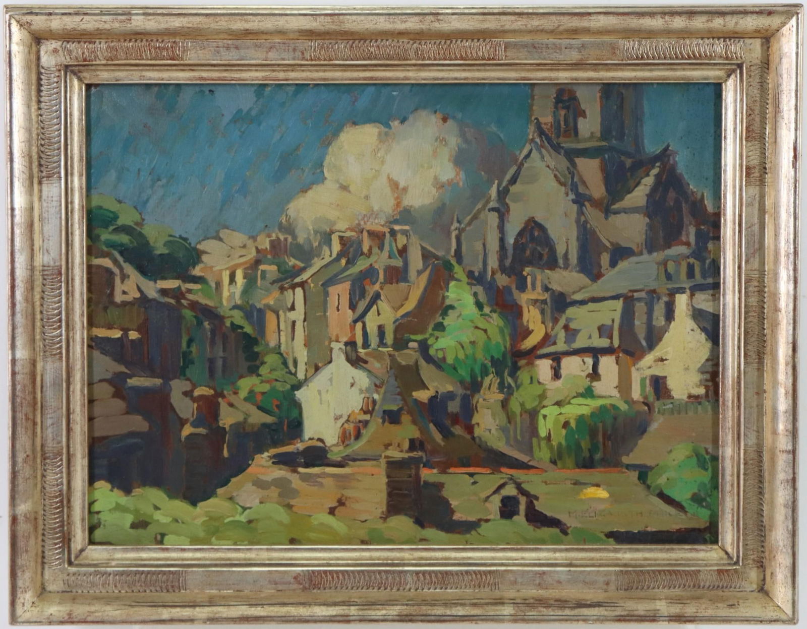 Mary Elizabeth Price (1877 - 1965) in Bernard Badura (1896 - 1986) Frame: Oil on board, SLR. Architectural landscape in carved Badura frame. Rural farm landscape en verso. 10"h x 13"w and 13"h x 16.25"w framed