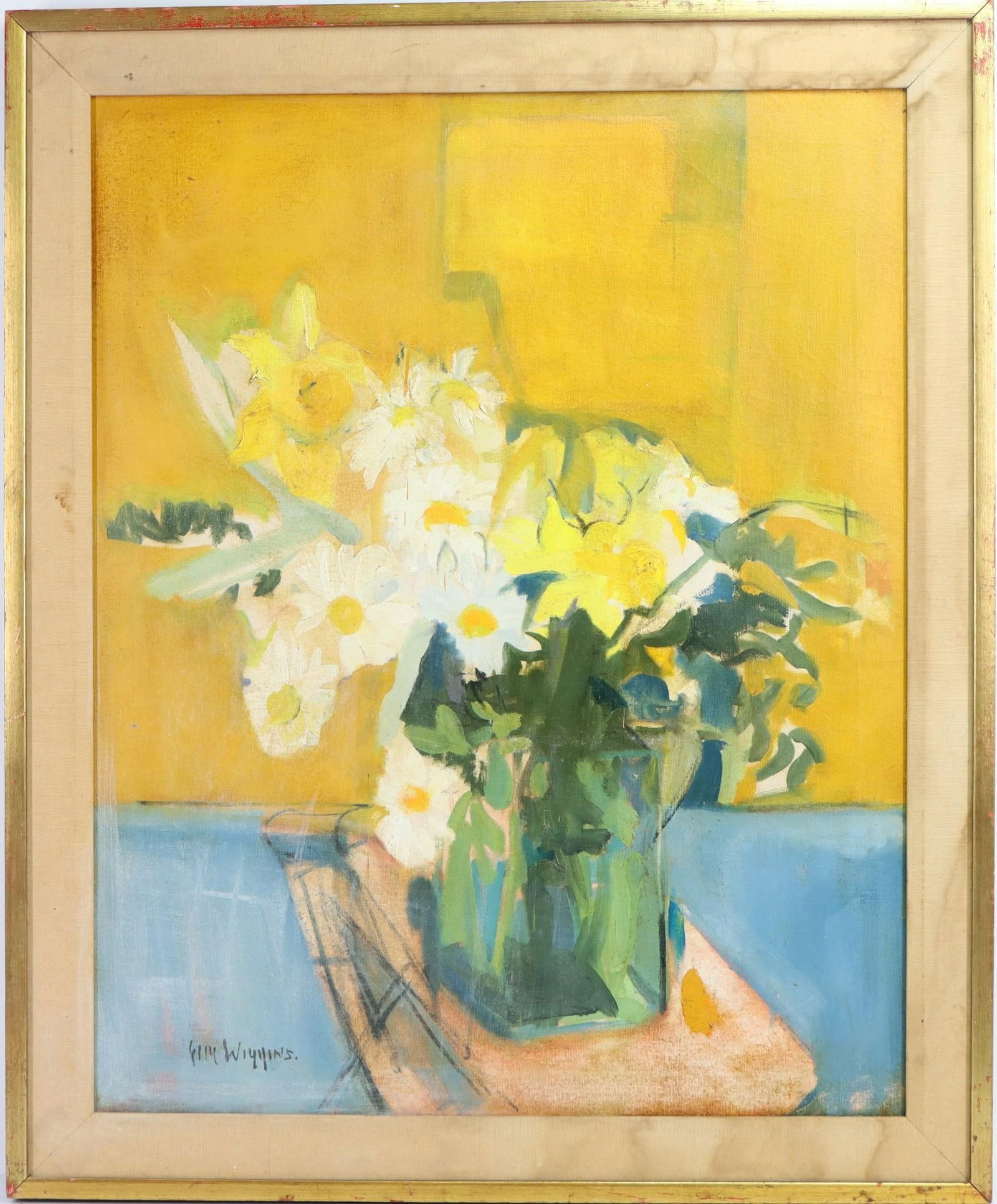 Guy Carleton Wiggins (1883 - 1962): Oil on canvas, "Flower Study", SLL. Tabletop still life of vase of flowers. 30"h x 24"w and 34"h x 28"w framed