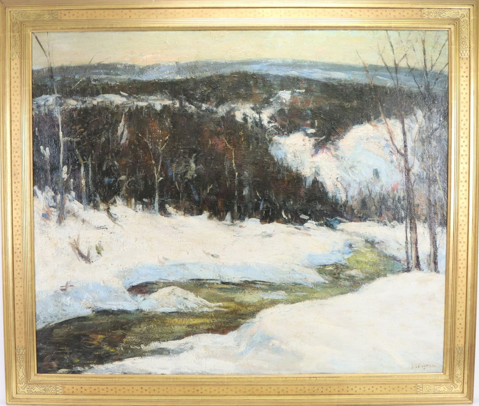 Frederick R. Wagner (1864 - 1940): Oil on canvas, SLR. Snow swept landscape overlooking the stream heading down into the valley. 40"h x 48"w and 48"h x 55"w framed