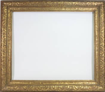 Newcomb Macklin Frame: Monumental Newcomb Macklin gilt frame. Originally housed an Edward Redfield painting. Rabbet 32"h x 38"w and 42.5" x 48.5"w framed