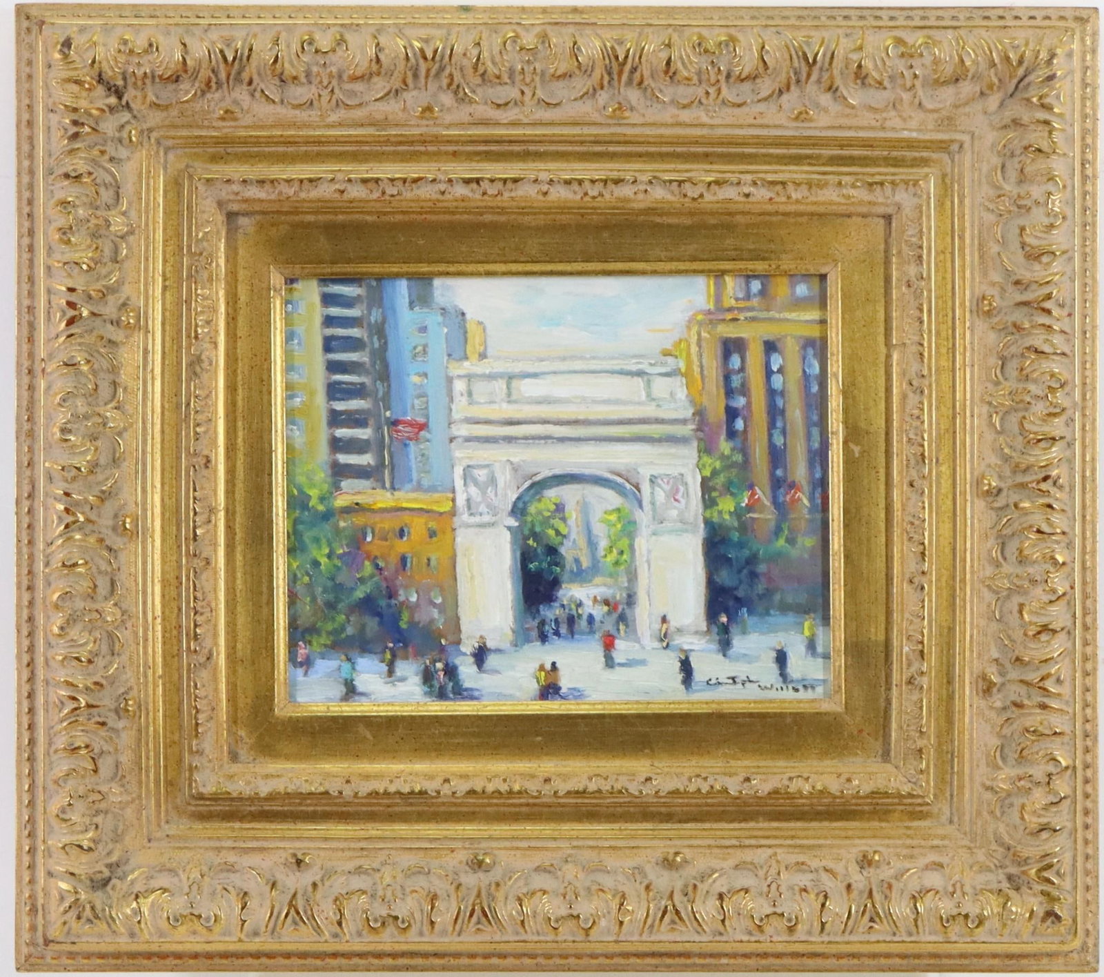 Christopher G. Willett (Born 1959): Oil on board, "Afternoon, Washington Square". Urban landscape of people heading into the park. 8"h x 10"w and 16.25"h x 18.25"w framed