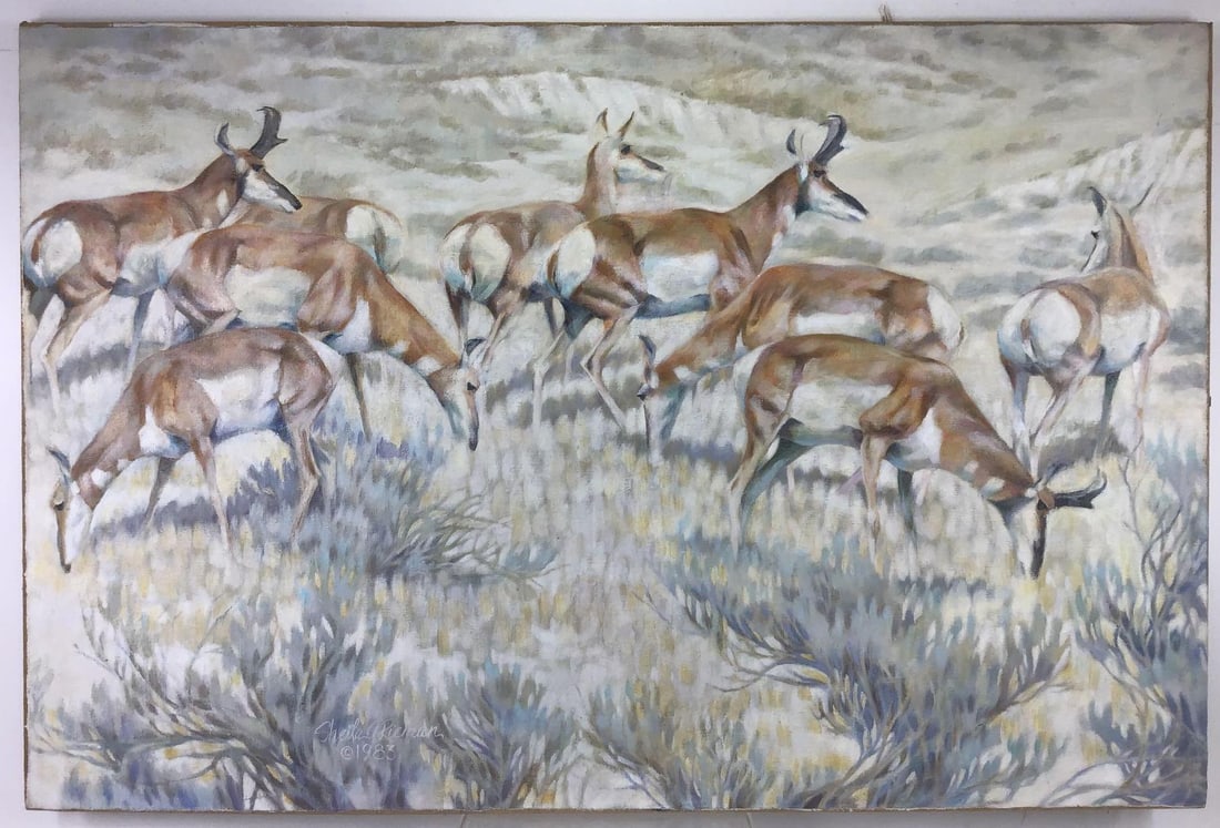 Sheila A. Rieman (1958 - 2011): Oil on canvas, SDLR 1983. Herd of grazing antelopes. 32”h x 48”w unframed