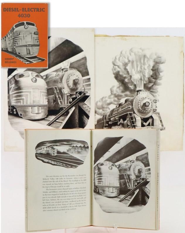 Henry Billings (1901 - 1985): (2) Original illustrations from the book "Diesel Electric 4030" written and illustrated by the artist. 15"h x 20"w and 16"h x 12"w and book