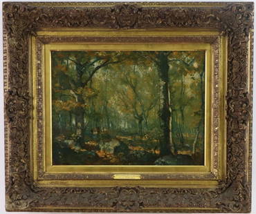 Henry Ward Ranger (1858 - 1915): Oil on canvas, "Connecticut Landscape", brass plaque attached to frame. Forest landscape. 18"h x 16"w and 21.5"h x 25.25"w framed