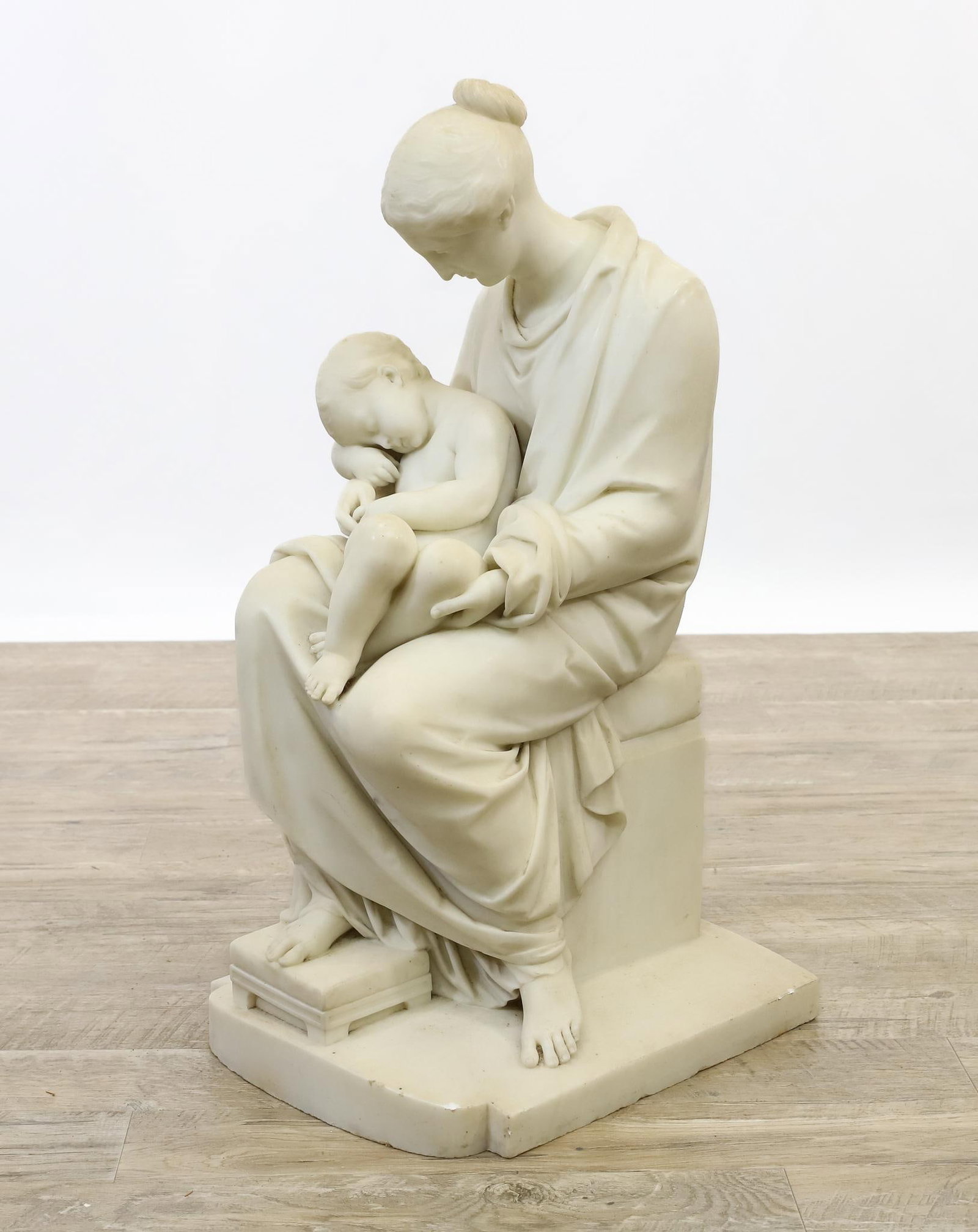 After Edward Hodges Baily (1788 - 1867): Alabaster sculpture, a mother and sleeping child, unsigned. 28"h x 13"w x 15"d