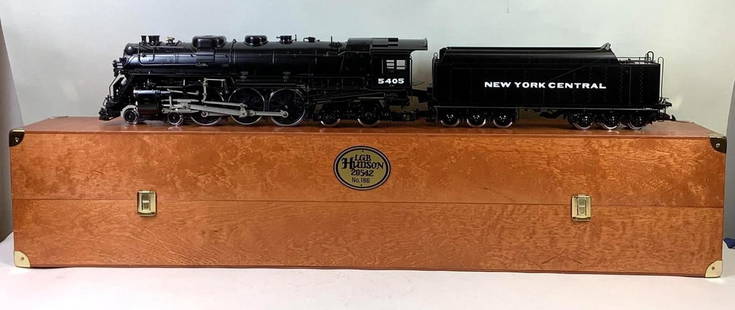 Hudson Steam Engine: Aster/LGB G gauge 4-6-4 J3A Hudson #20542 steam engine with tender. Includes wooden display box, #186/600. Includes shipping box