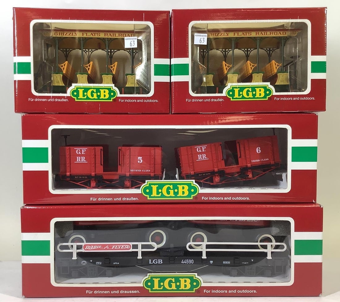 LGB Train Cars: G gauge LGB Radio Flyer wagon car car transport flatcar #44590, Grizzly Flats passenger car set #30440 and (2) Grizzly Flats 1st class sightseeing cars #30430.
