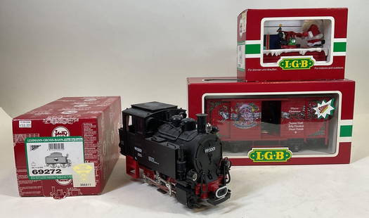 LGB Steam Engine and Christmas Train Cars: G gauge, LGB steam engine #995001, tender with sound #69272, Christmas handcar #21010 and Christmas boxcar with sound #4335.