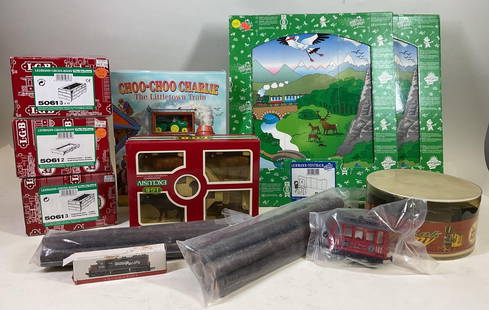 LGB Train Accessories: G scale bridge stone pieces, 2 train backgrounds, logs, Choo- Choo Charlie train book, pack of cows and toy trains.