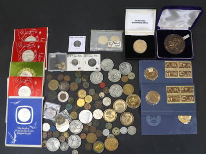 MEDALS & TOKENS: Mixed lot, including Bicentennial, encased, transportation, historical, counter stamped, presentations, political, royalty, retail, California gold tokens, Love tokens, damaged US coins, 93 pieces