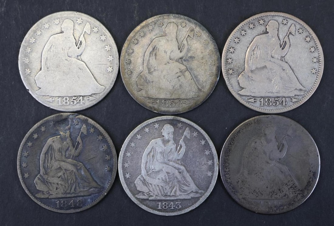 SEATED LIBERTY HALVES: 1843, 1848-O, 1849-O, 1853 arrows, rays, 1854 arrows (2), various grades, 6 coins