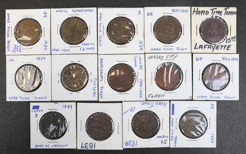 TOKENS: Mostly Hard Times, early to mid 1800's, 14 coins