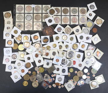 TOKENS & MEDALS: Mixed lot, including medals, silver round and bars, tokens, wooden nickels, Love tokens, elongated, counter stamped, novelty, modified, many pieces